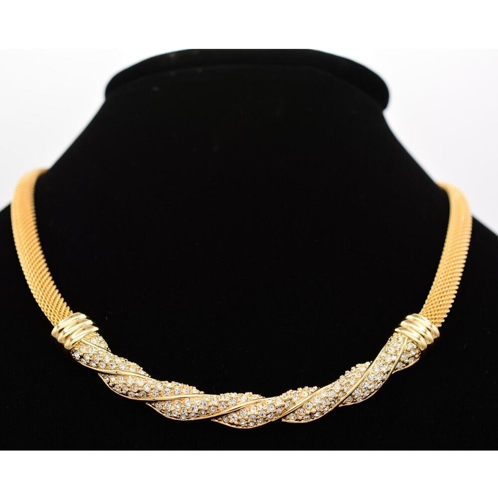 Swarovski Vintage Crystal Collar Necklace Rhinestone Mesh Swan Signed 80s Bin2C